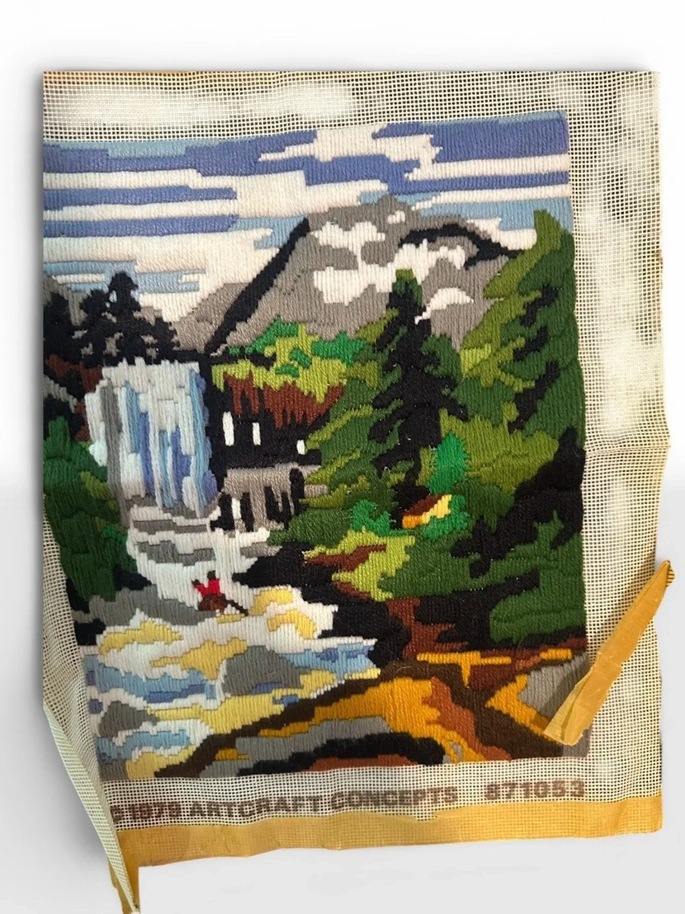 VTG Embroidery Crewel Yarn Handmade Finished Framed Waterfall Forrest Artcraft